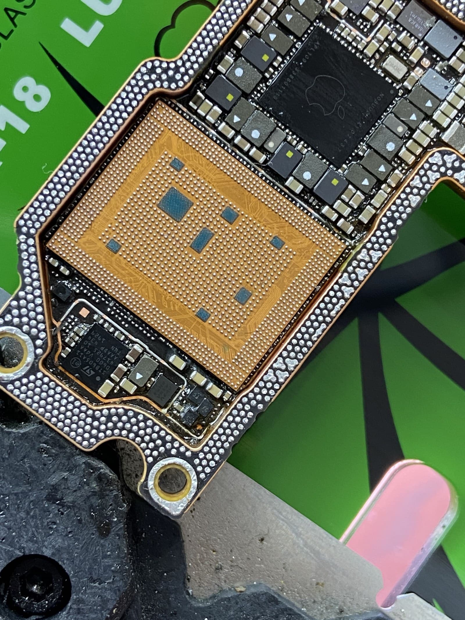 Logic board — BGA chip seated on pads